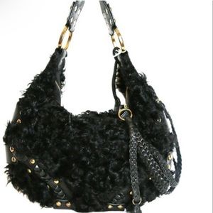 ISABELLA FIORE BLACK GENUINE LEATHER & CURLY FUR HALF MOON BRAIDED BAG
